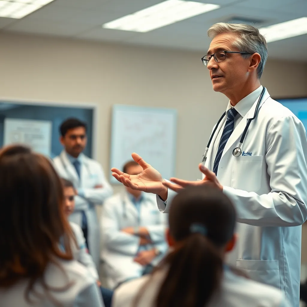 A doctor confidently presenting a medical seminar to a group of colleagues, highlighting the importance of professional development and the ongoing pursuit of knowledge in the medical field.