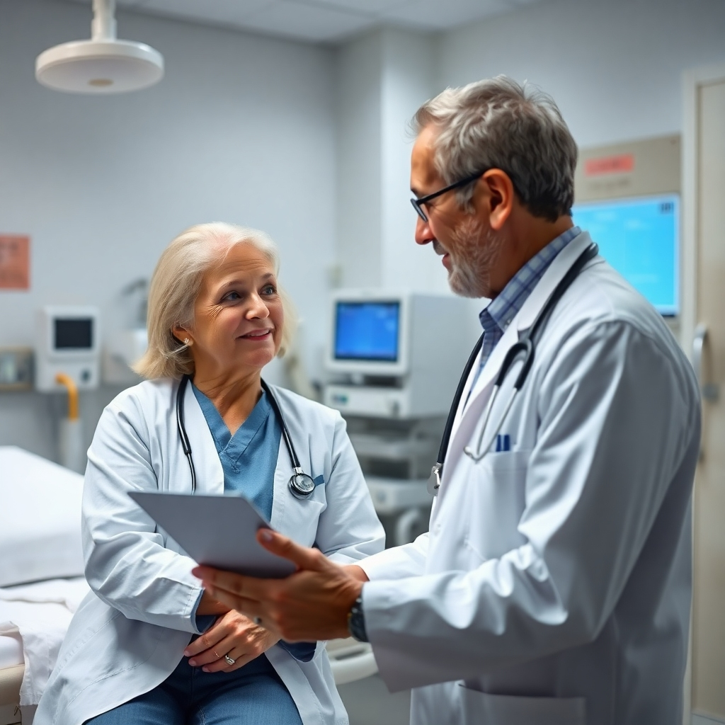 A doctor gently explaining medical information to a patient in a hospital room. The doctor should have a friendly and reassuring expression, and the patient should be looking at the doctor with interest. The room should be clean and well-lit, with medical equipment in the background.