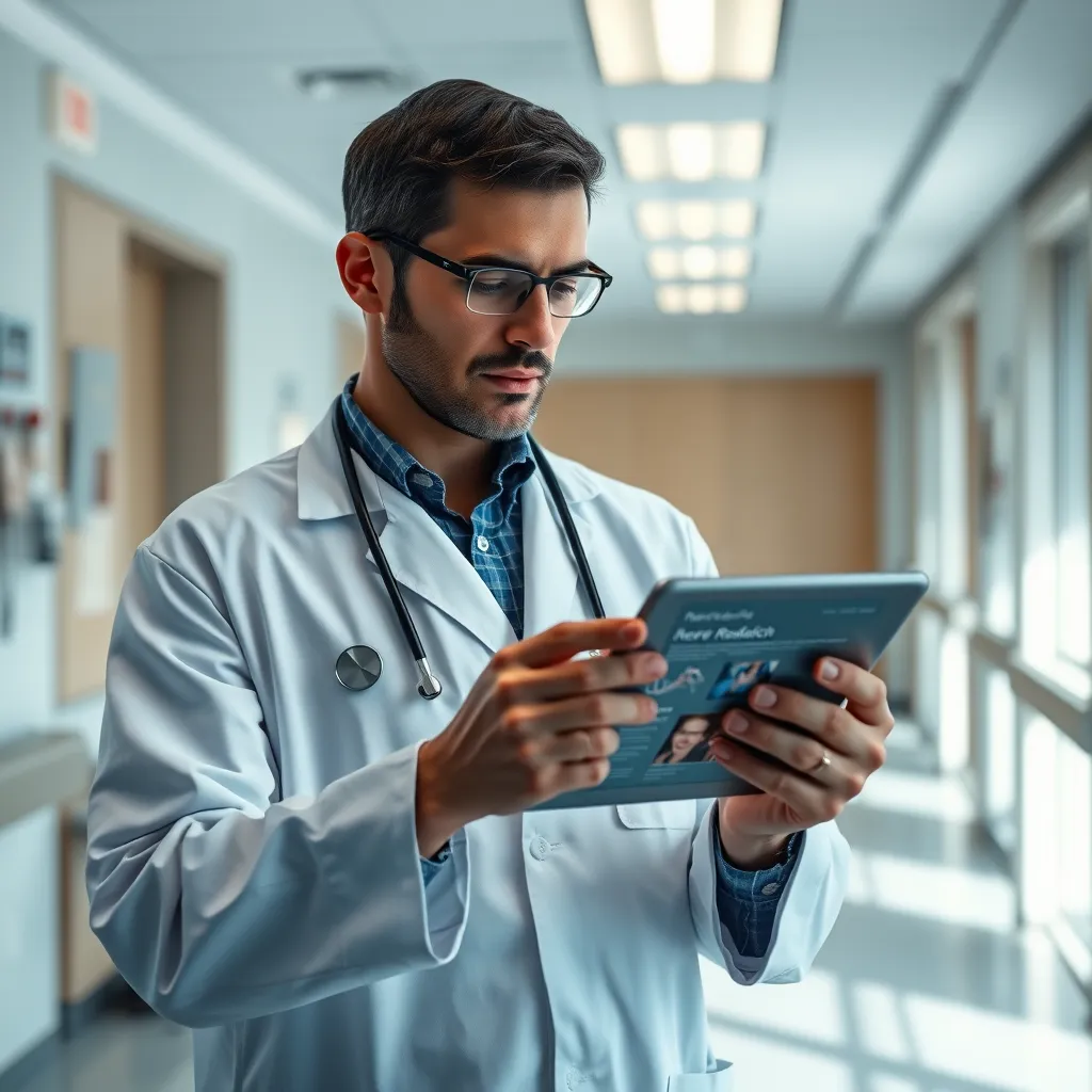 A doctor in a white coat, standing in a modern hospital room, looking at a tablet with a medical journal app open, showcasing new research about a specific medical condition.