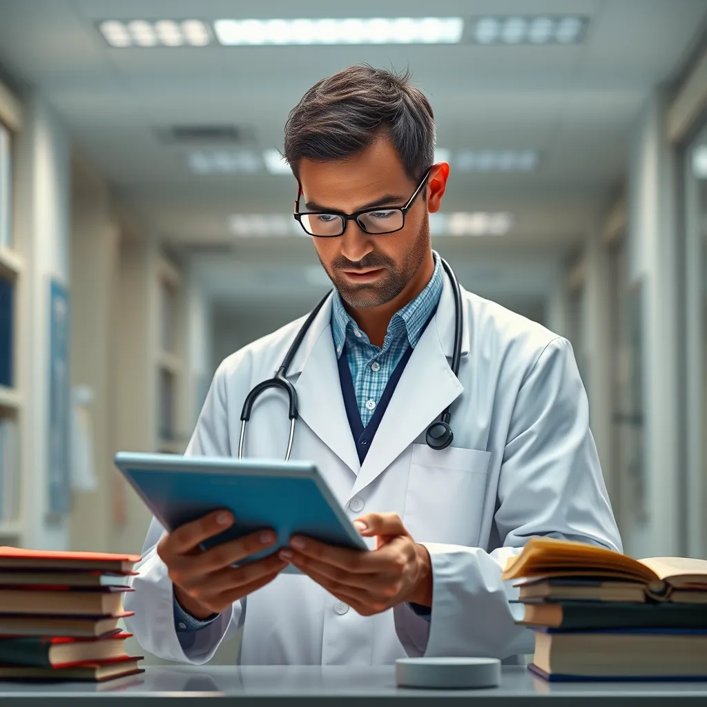 A doctor in a white coat looking at a digital tablet with medical information on the screen, surrounded by books and journals. The background should be a modern hospital setting with a bright and clean aesthetic.