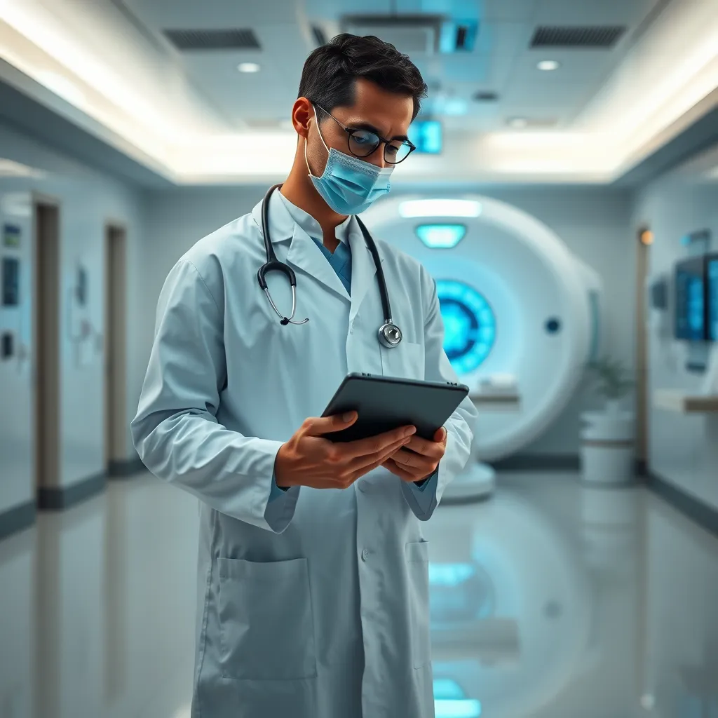 A doctor in a white coat standing in a modern hospital room, looking at a tablet displaying medical data and research articles. In the background, a futuristic medical scanner is visible, highlighting the rapid advancement of medical technology.