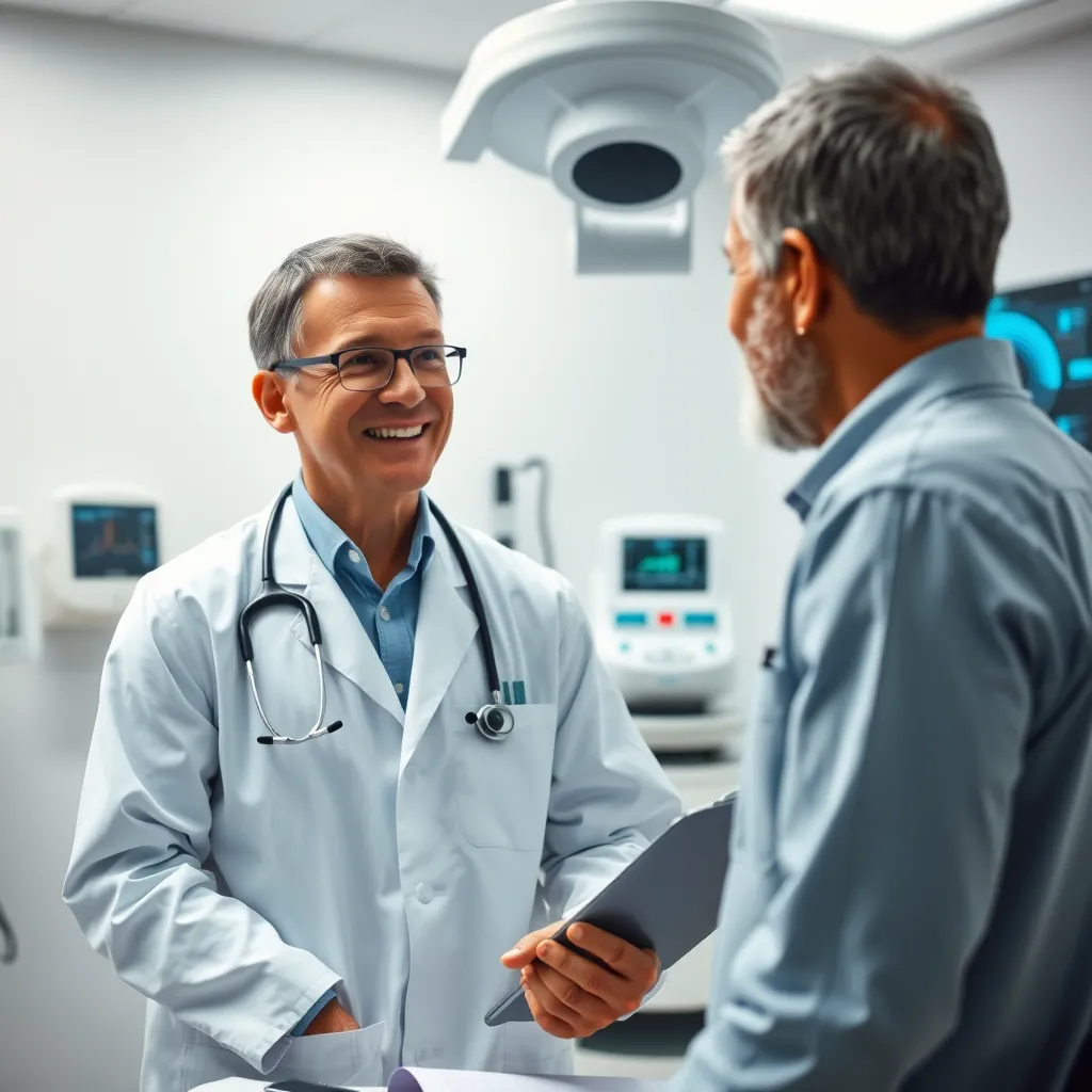 A doctor with a warm smile, explaining a medical diagnosis to a patient in a well-lit examination room, with advanced medical equipment in the background, emphasizing the positive impact of continuing education on patient care.