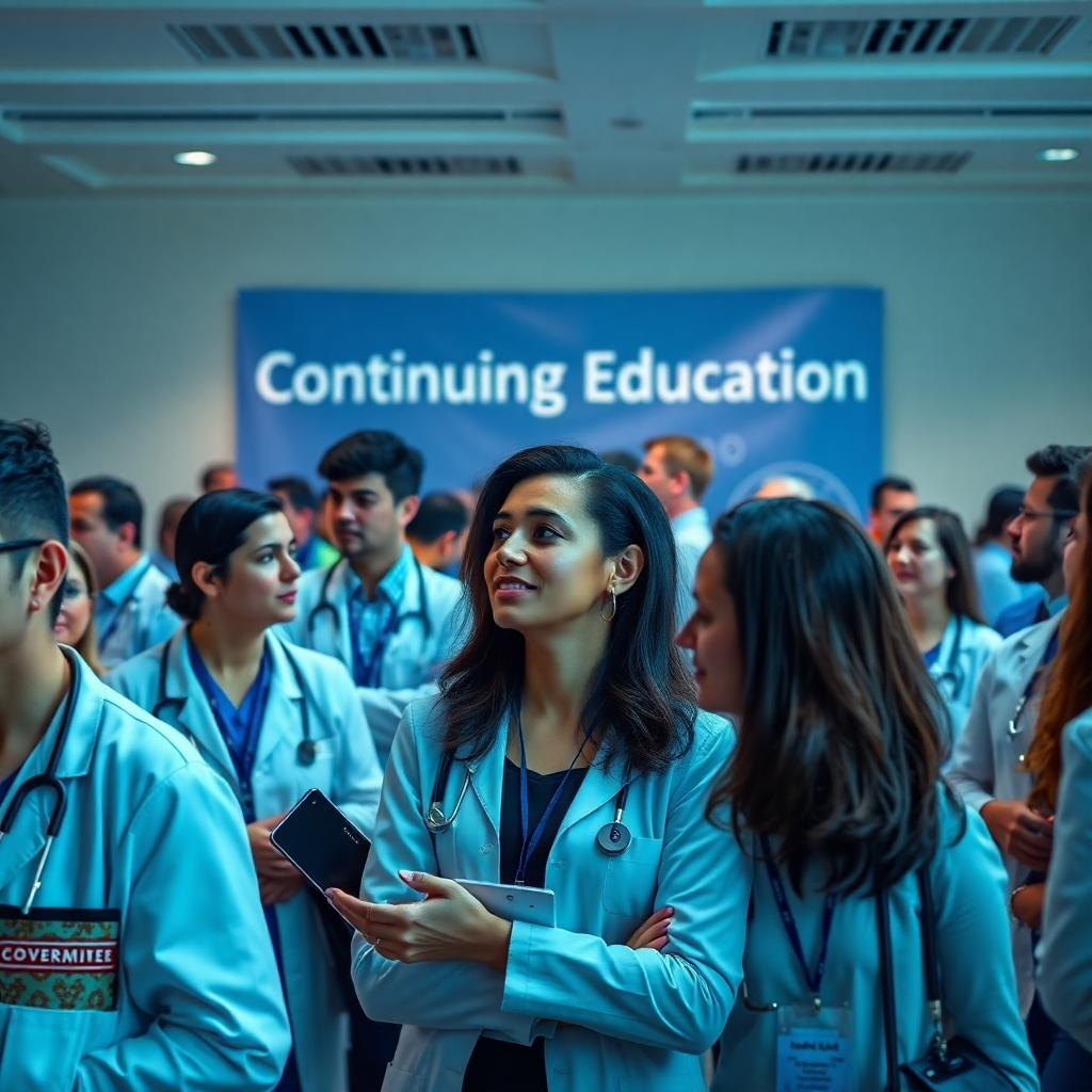 A group of diverse healthcare professionals are attending a conference, engaging in discussions and networking, with a banner reading 'Continuing Education' in the background.