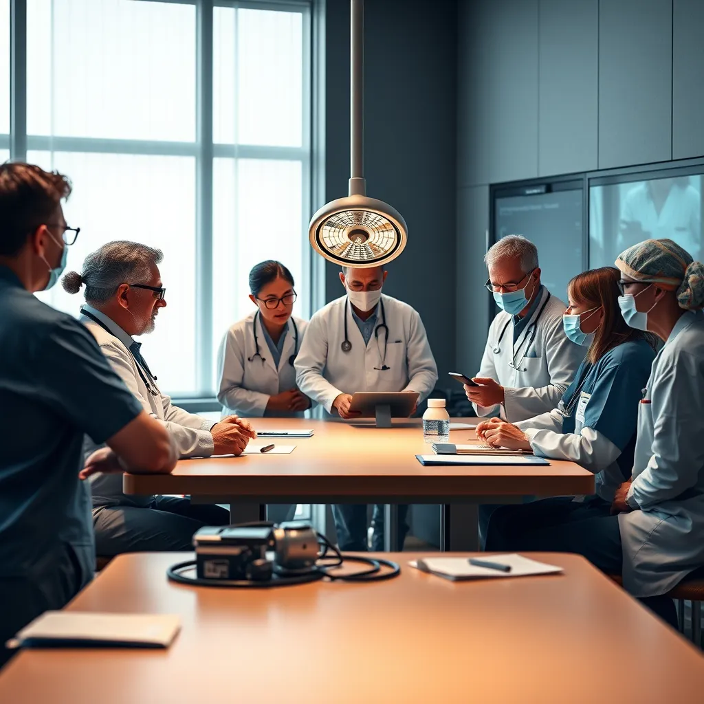 A group of doctors and nurses gathered around a table in a conference room, actively participating in a workshop with a medical professional, discussing and learning about a specific medical procedure using visual aids.