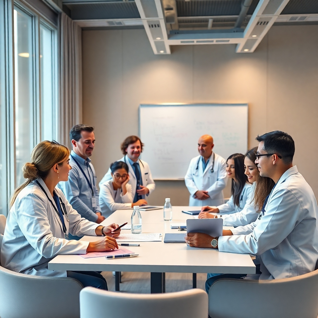 A group of healthcare professionals of different ages and races gathered around a table, engaging in a lively discussion about a medical case study. The room should be a modern conference room with a whiteboard and comfortable seating.
