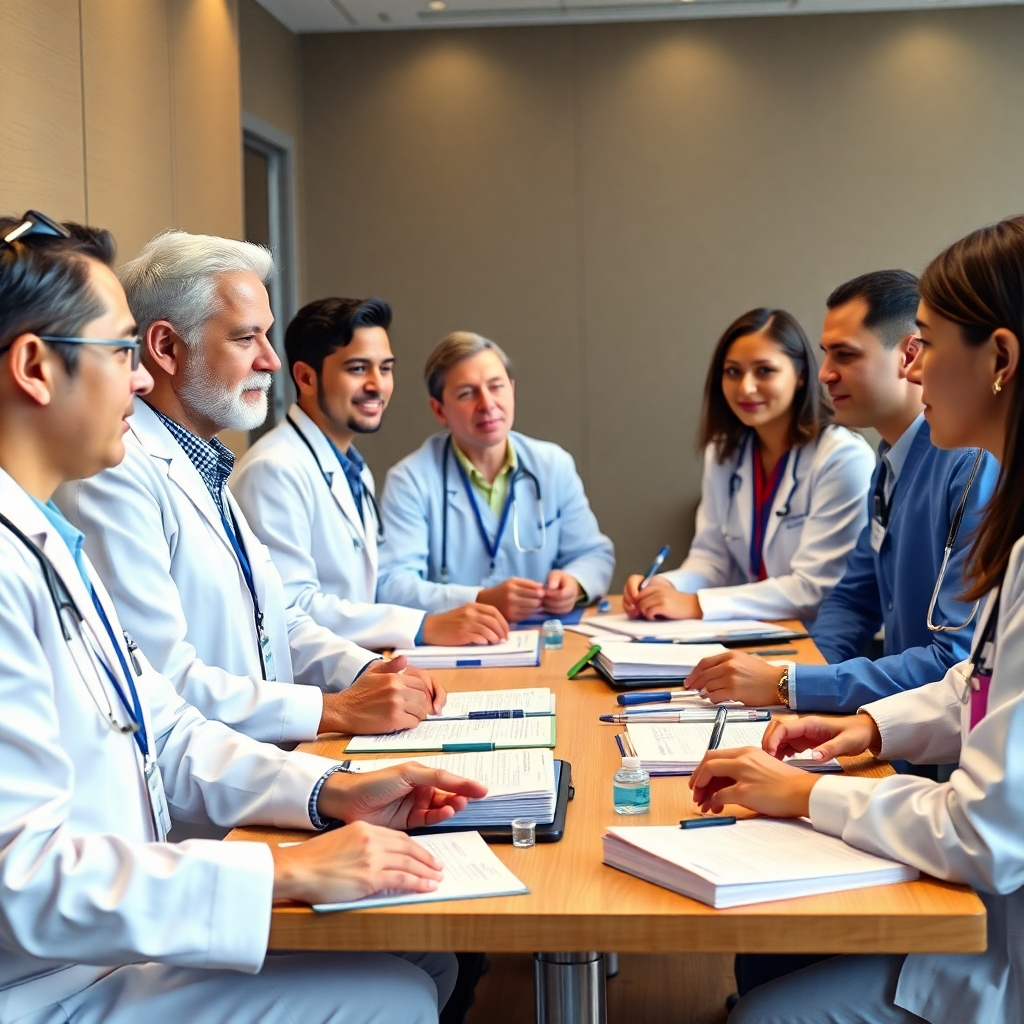 A group of healthcare professionals of diverse backgrounds attending a workshop or conference, engaging in discussions and learning new techniques. They should be wearing name tags and sitting around a table with medical textbooks and devices, creating a collaborative learning environment.