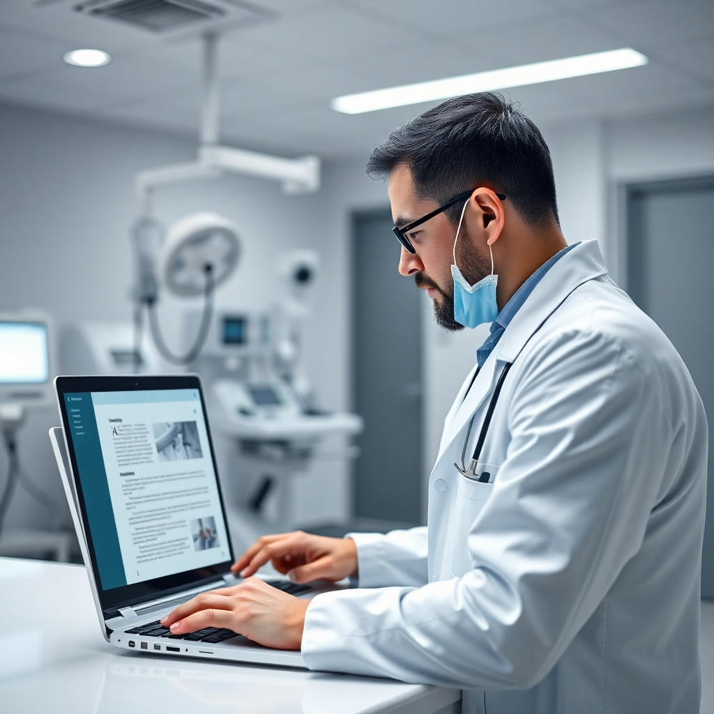A healthcare professional, wearing a white coat, is looking at a laptop screen displaying a medical journal article. The background shows a modern hospital setting with medical equipment.