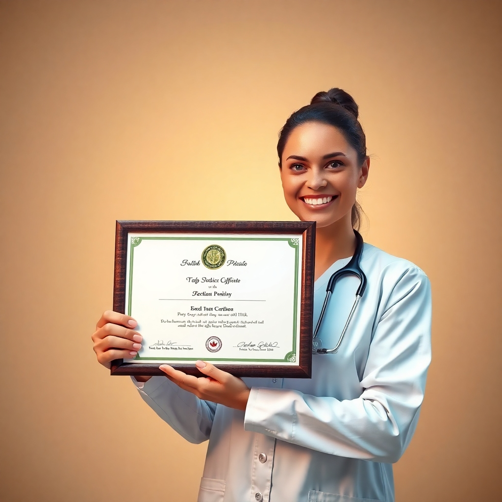 A healthcare professional confidently presenting a professional certificate or award, with a bright, optimistic background that symbolises achievement and career growth.  The image should convey a sense of pride and accomplishment.