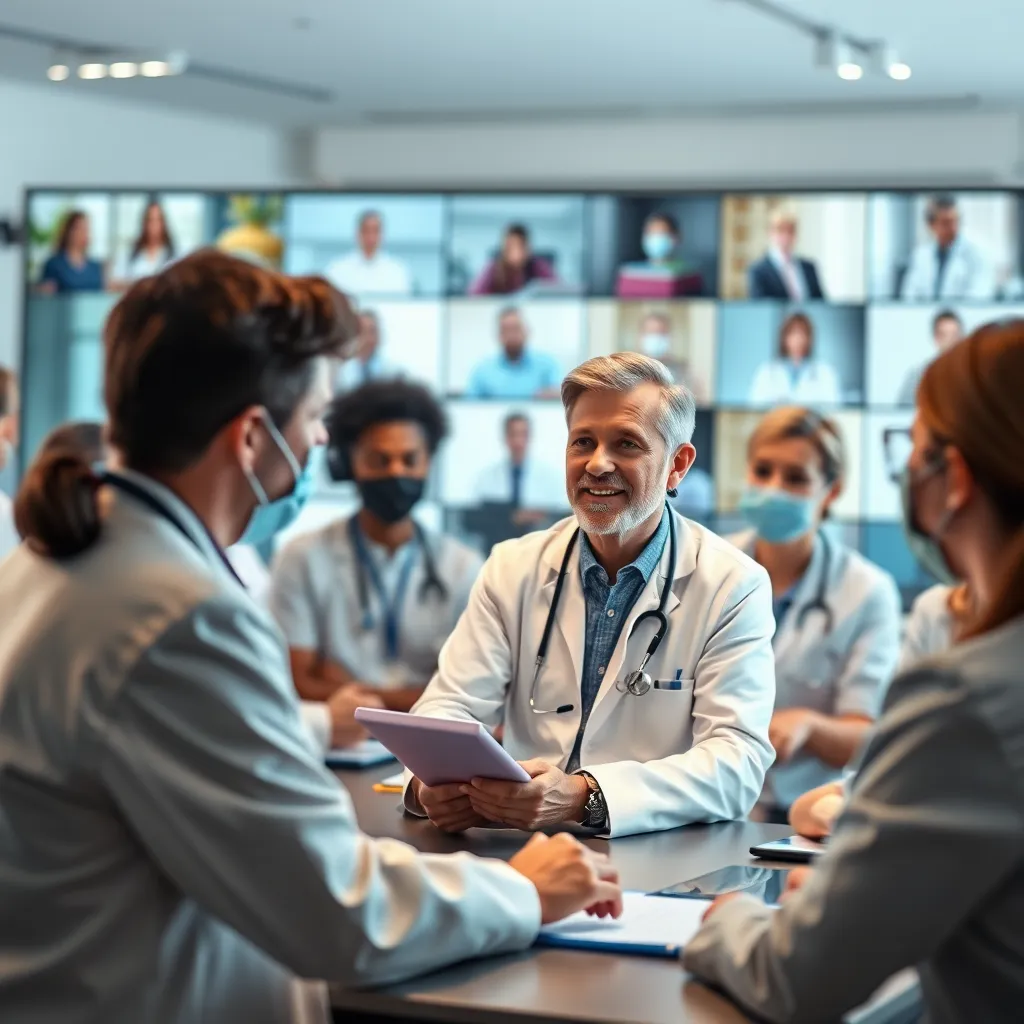 A hyperrealistic image of a group of healthcare professionals gathered in a virtual conference room, actively participating in a live workshop. The background includes blurred images of the participants' home offices, creating a sense of connection and community. The focus should be on the participants' faces, showcasing their engagement and interaction with the presenter. Utilize a soft diffused lighting scheme to create a warm and inviting atmosphere. Capture the image with a dynamic composition, emphasizing the energy and vibrancy of the virtual gathering.
