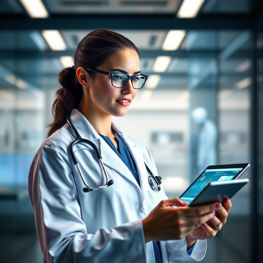 A modern healthcare professional wearing a white coat and stethoscope, looking confidently at a tablet displaying medical research data, with a futuristic medical background. The image should convey a sense of progress and innovation in healthcare.