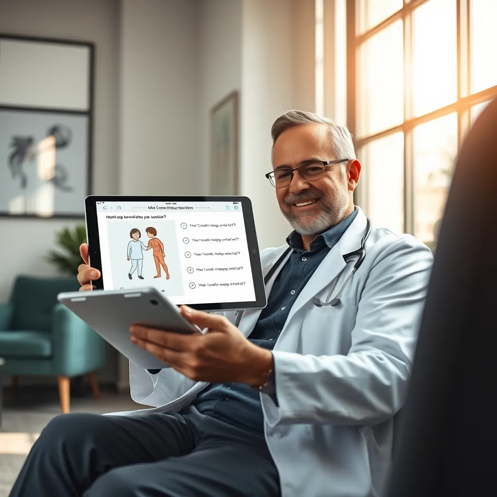 A photorealistic image of a doctor using a tablet, sitting in a comfortable, modern office setting with natural light streaming in through a large window. The tablet screen displays a medical illustration and interactive quiz questions. The doctor's expression is focused and engaged, and the overall mood is positive and inspiring. Render in ultra-high resolution with detailed textures and lighting. Capture the image in a cinematic style, using a wide-angle lens to emphasize the spaciousness of the office.