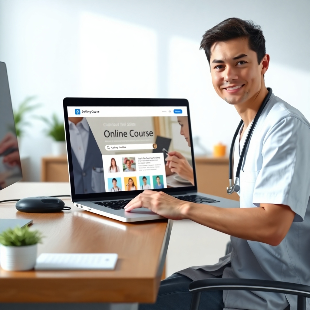 A photorealistic image of a healthcare professional, perhaps a nurse or doctor, sitting at a desk with a laptop. The laptop screen displays a bright, engaging online course interface with a clear title, relevant images, and interactive elements. The background should be a modern, minimalist office space with soft, natural lighting. The lighting should highlight the laptop screen and the professional's face. The overall mood should be positive and welcoming, showcasing the ease and accessibility of online learning. Render in 8K resolution with ultra-realistic details, capturing the textures of the laptop, the wood of the desk, and the professional's clothing.