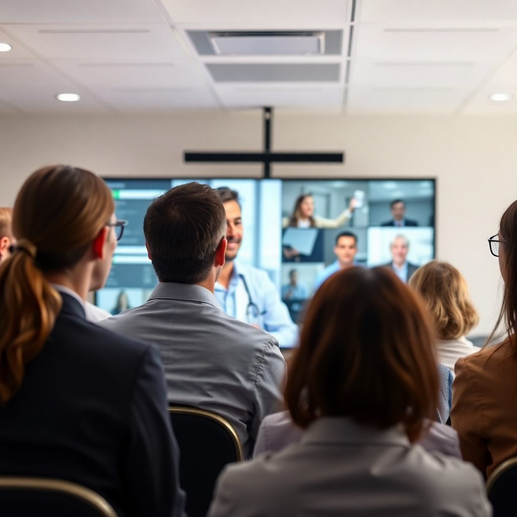A vibrant, dynamic image of a group of healthcare professionals attending a live webinar. The image should capture a sense of engagement and interaction, with participants listening intently to a speaker on the screen. The speaker should be a charismatic healthcare professional with a confident and knowledgeable expression. The background should be a professional conference room setting with a large screen displaying a relevant webinar presentation. The lighting should be bright and evenly distributed, creating a professional atmosphere. The overall mood should be stimulating and informative, reflecting the dynamic nature of live webinars. Render in 8K resolution with hyperrealistic details, capturing the textures of the room, the participants' clothing, and the technology being used.