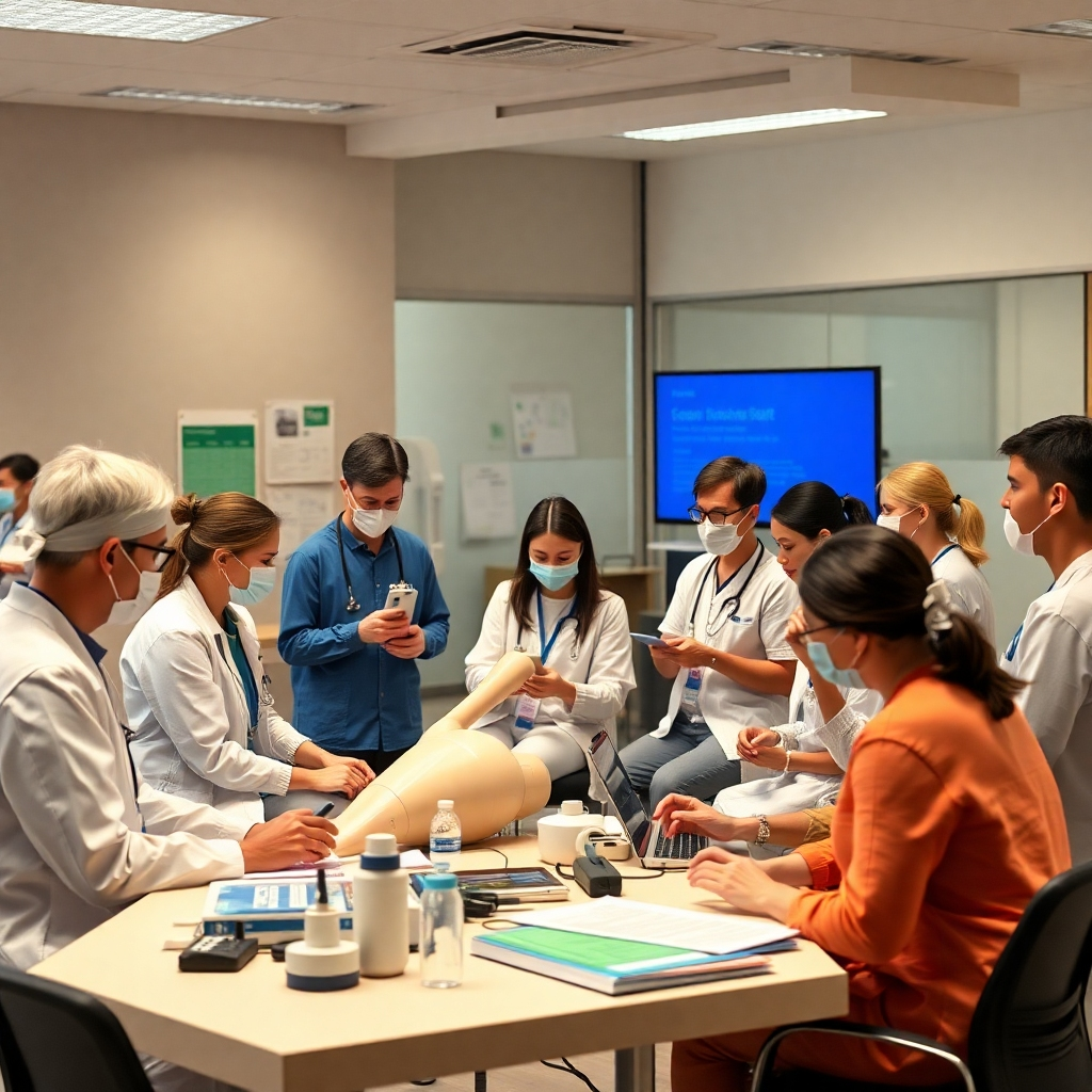 A warm, inviting image of a group of healthcare professionals participating in an in-person workshop. The scene should be set in a modern, well-equipped training facility. The participants should be engaged in various activities, such as practicing techniques on mannequins, discussing case studies, or working in small groups. The lighting should be soft and diffused, creating a comfortable and focused atmosphere. The image should include a variety of props relevant to the workshop, such as medical equipment, charts, and learning materials. The overall mood should be collaborative, encouraging, and supportive. Render in 8K resolution with ultra-realistic details, capturing the textures of the training equipment, the participants' clothing, and the surrounding environment.