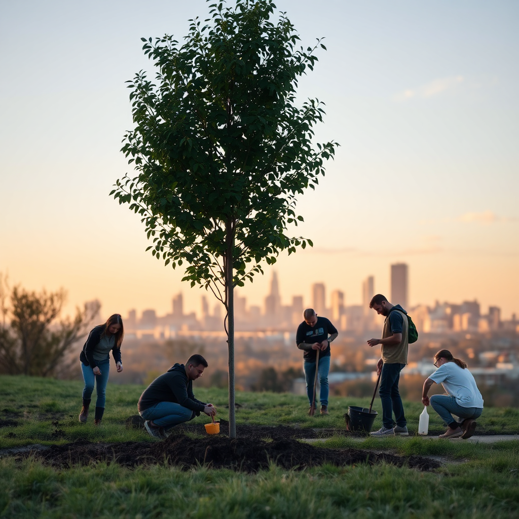 Volunteer planting trees at sunset
