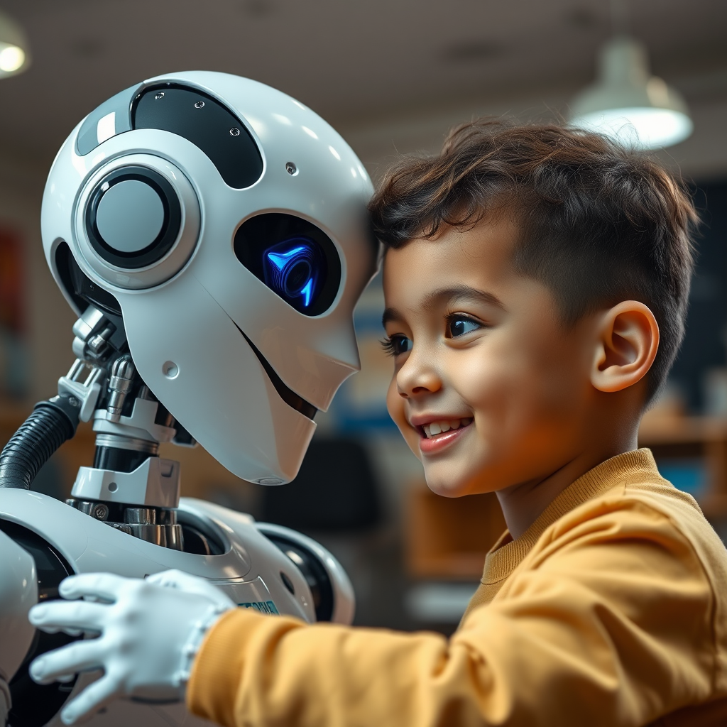 Humanoid robot assisting a child