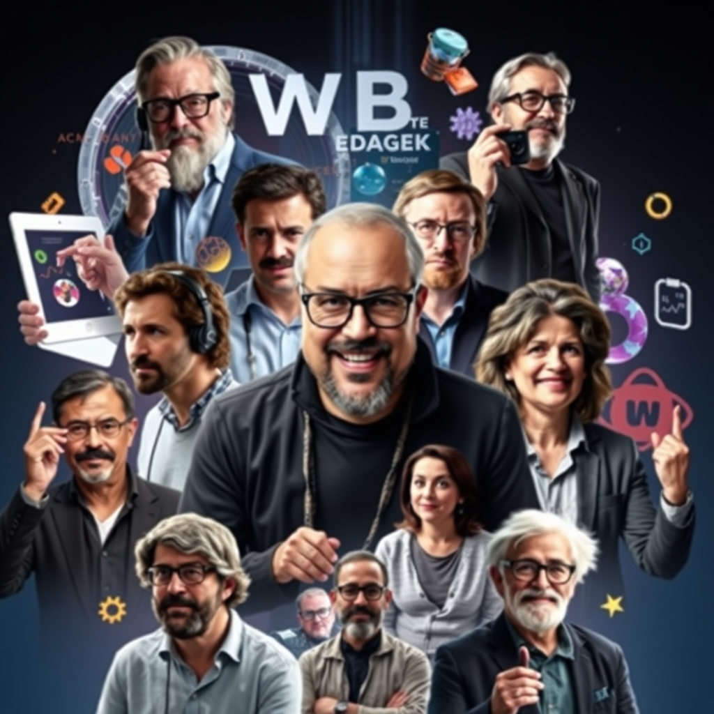A collage of famous web designers from around the world, depicted in a visually engaging way. Each person is portrayed in a dynamic pose, showcasing their unique style and contributions to the design field. The background should feature elements representing their iconic works, creating a sense of connection with their design philosophies. The lighting is vibrant and engaging, emphasizing the personalities of each designer. This inspiring image should capture the essence of influence in web design, crafted in high quality, suitable for a gallery display.