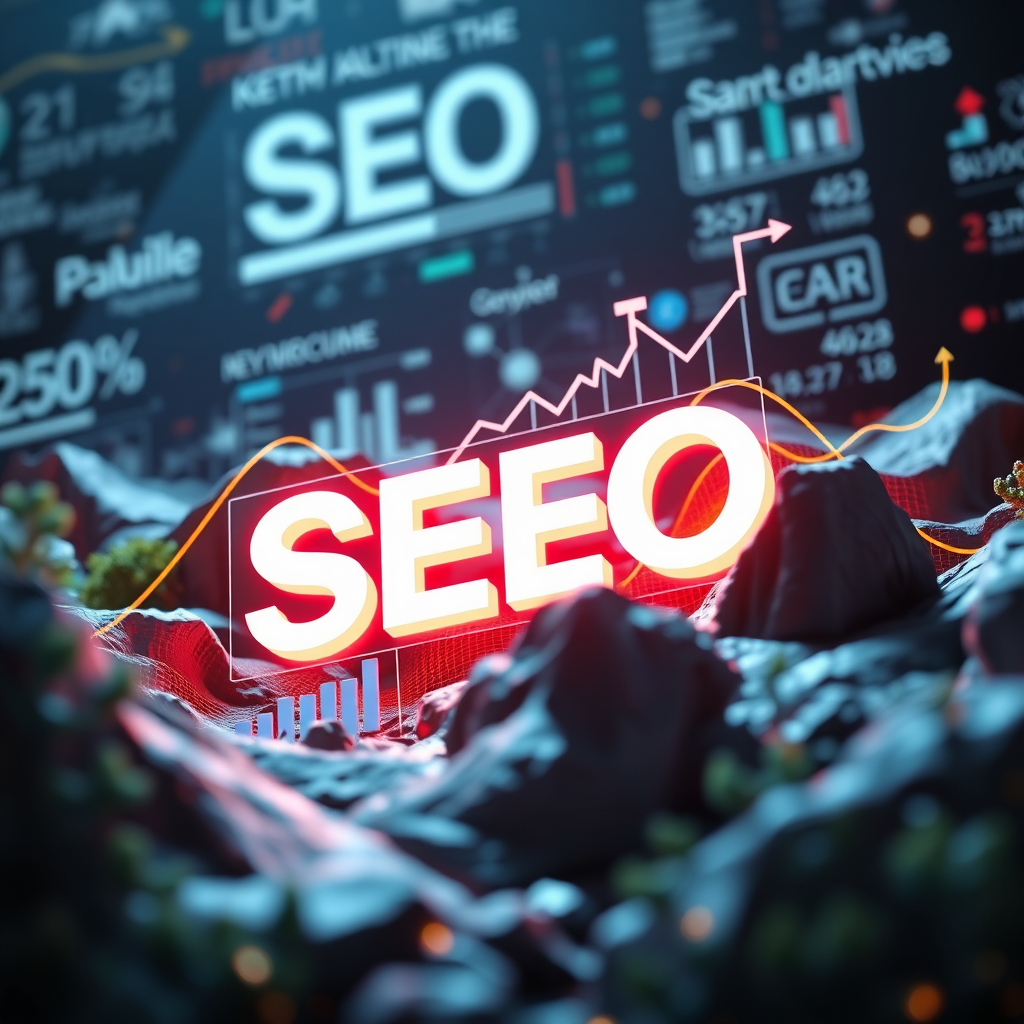 A conceptual image depicting search engine optimization processes. It features a digital landscape filled with keywords, graphs, and analytical tools. The lighting is high-contrast, highlighting the importance of data in SEO strategies. The overall composition should convey a sense of strategy and execution within the digital marketing realm. This image represents the process of enhancing online visibility, to be created with high-quality detail.