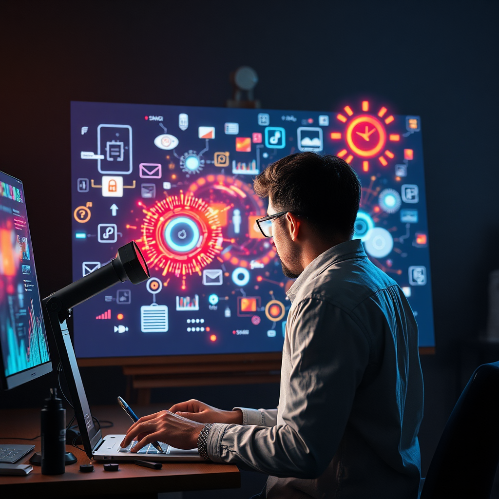 A conceptual image representing the exploration of innovative design ideas. It should depict an artist in front of a digital canvas, with various digital tools and designs flowing around them. The lighting is dynamic, with a focus on the creative process and the luminous colors of the designs. Visual elements suggesting new technology and solutions should be integrated into the composition. This engaging image brings the theme of innovation in web design to life, in stunning 4K quality.