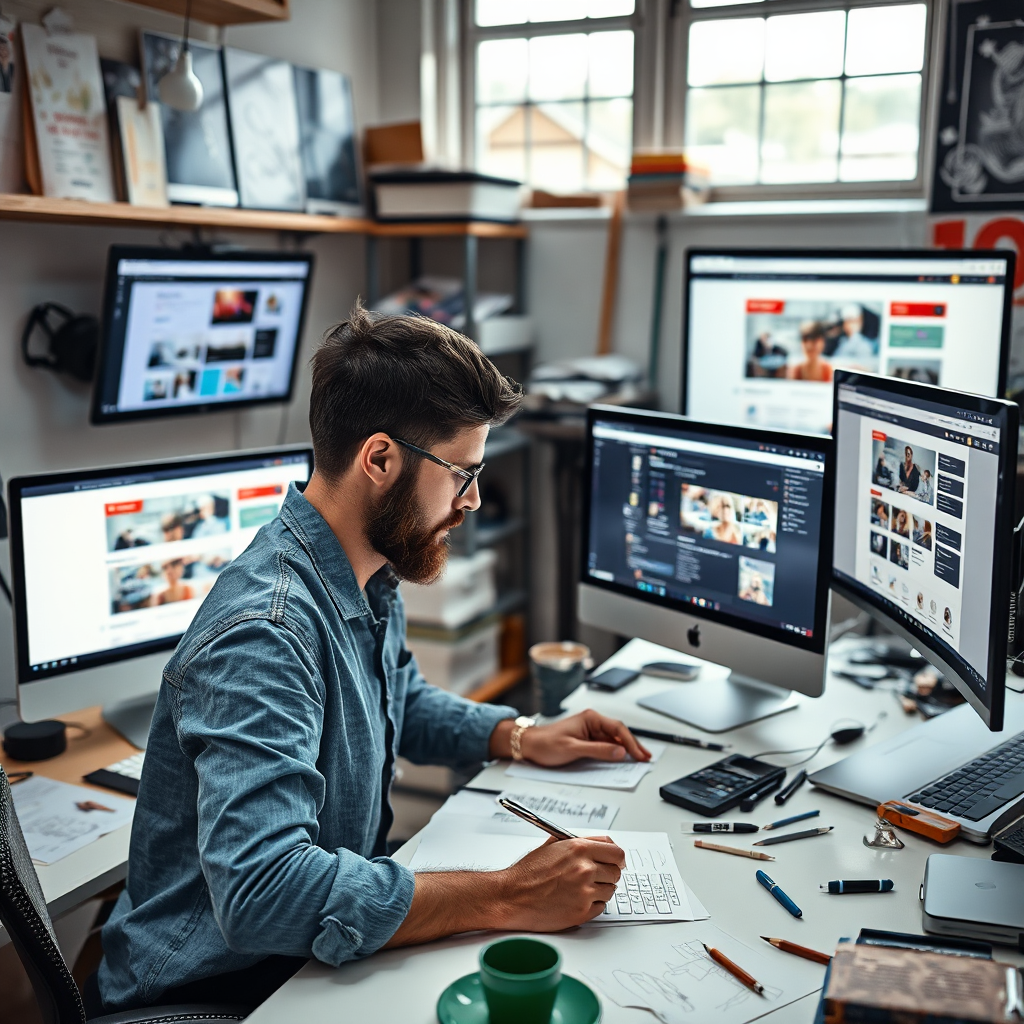 A detailed image showcasing a web designer working on a custom website project. The workspace is filled with design tools, sketches, and digital interfaces. The lighting is bright, highlighting the creative effort involved in customizing a site. Various screens display different design stages, giving a glimpse into the custom design process. This composition should reflect the individuality of the service, captured in high quality to show intricate details.