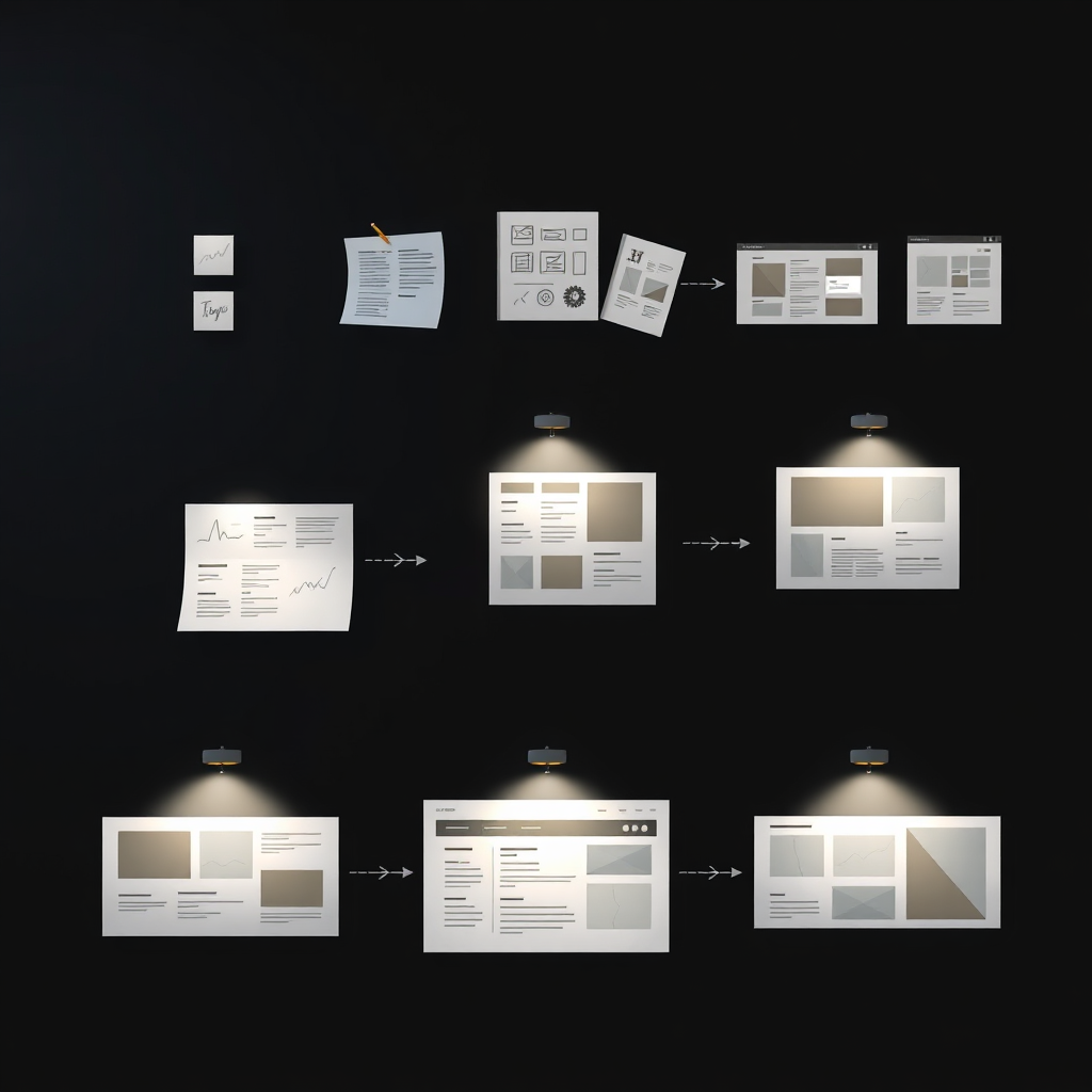 A linear storyboarding image depicting the journey of design from concept through execution. Each phase includes sketches, drafts, and completed designs flowing from one step to the next, illustrating the evolution and adaptability required in web development. The lighting emphasizes each transition, creating movement within the composition. This visual narrative portrays the reality of the design process, aiming for high clarity and detail achievable in 4K resolution.