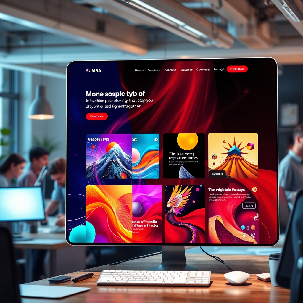 A photorealistic view of a futuristic web design showcasing various artistic styles blended together. Elements like bold colors, unique shapes, and dynamic layouts should be present. The lighting focuses on the vibrant elements of the design, highlighting creativity. The background features a collaborative workspace with designers discussing the showcased projects. Ideal for a theme reflecting innovation in web design, this image should emphasize the excitement of creativity in 8K resolution.