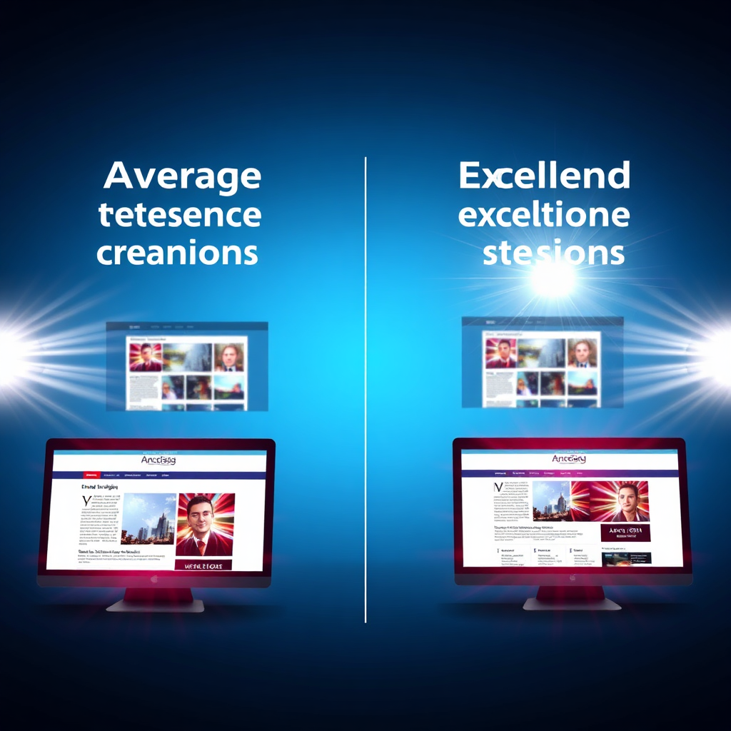 A powerful image illustrating the essence of excellence in web design. It features a comparison of average designs with standout, exceptional designs that make a statement. The lighting highlights the differences, with radiant colors on the excellent designs while the average ones appear dull. This image symbolizes the impact of superior design quality, created in high definition, in vivid color detail reflecting the concept of excellence.