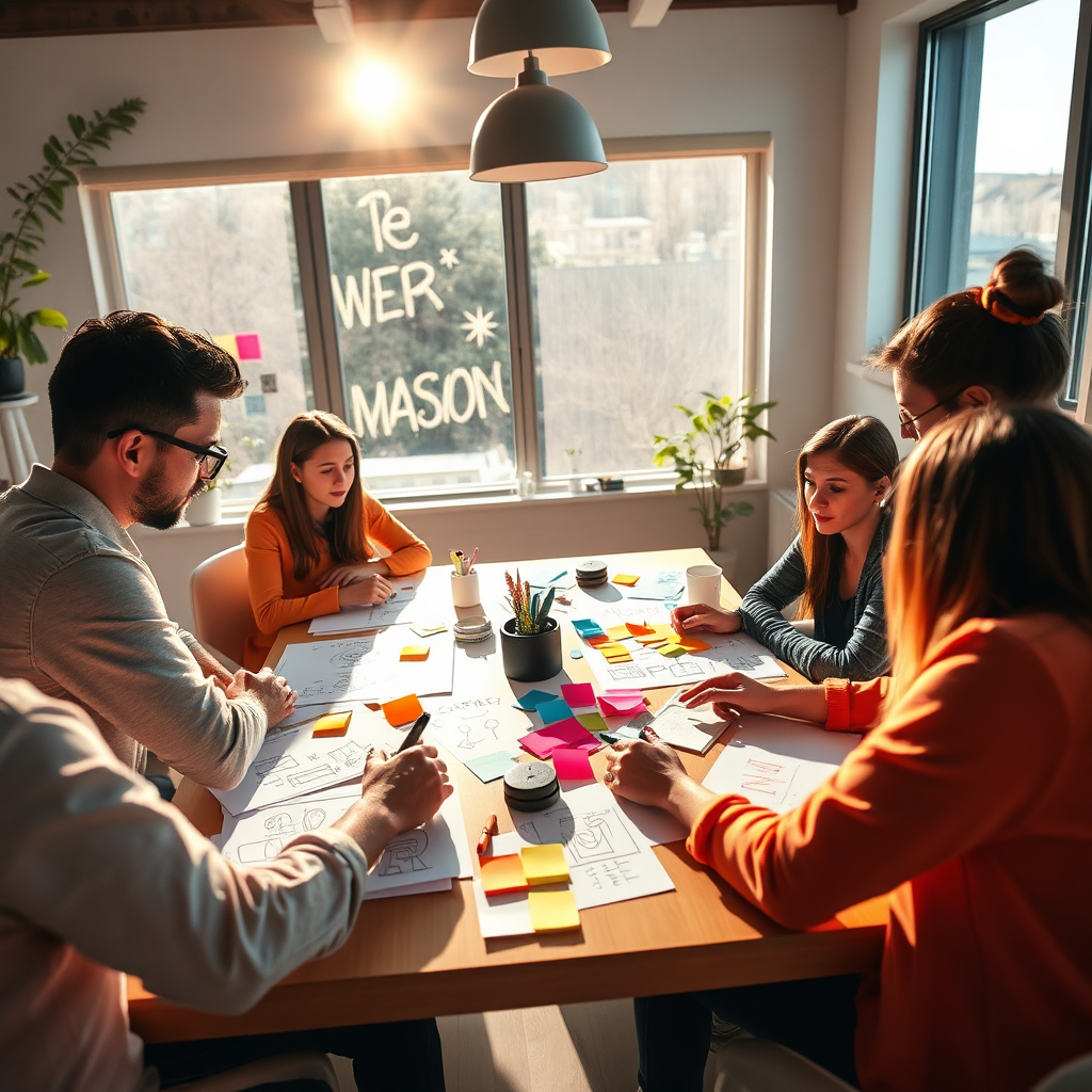 A stylized image representing the passion for web design, featuring a creative team brainstorming around a central table. The atmosphere is vibrant with colorful sticky notes and concept sketches scattered around. The lighting is warm and inspirational, with sunlight streaming through a window, creating a positive energy. The color palette should be bright and motivating, with elements representing teamwork and creativity. The camera angle is focused on the group, capturing their enthusiasm and engagement. This image should be high quality, in 4K resolution, with rich textures capturing the essence of collaboration in design.