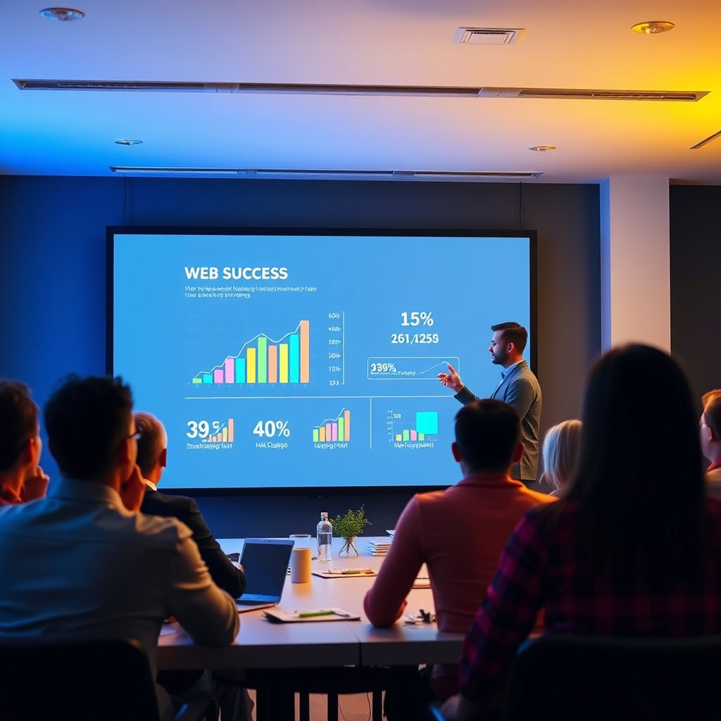 A visual narrative capturing a successful web designer presenting their work to a captivated audience. The setting is a modern conference room with a large screen displaying the project. The lighting is bright and focused on the presenter, while the audience is engaged and attentive. Key elements such as graphs and success metrics should be visible on the screen, symbolizing achievement. This dynamic representation should reflect the theme of success in the design industry, illustrated in stunning 4K quality.