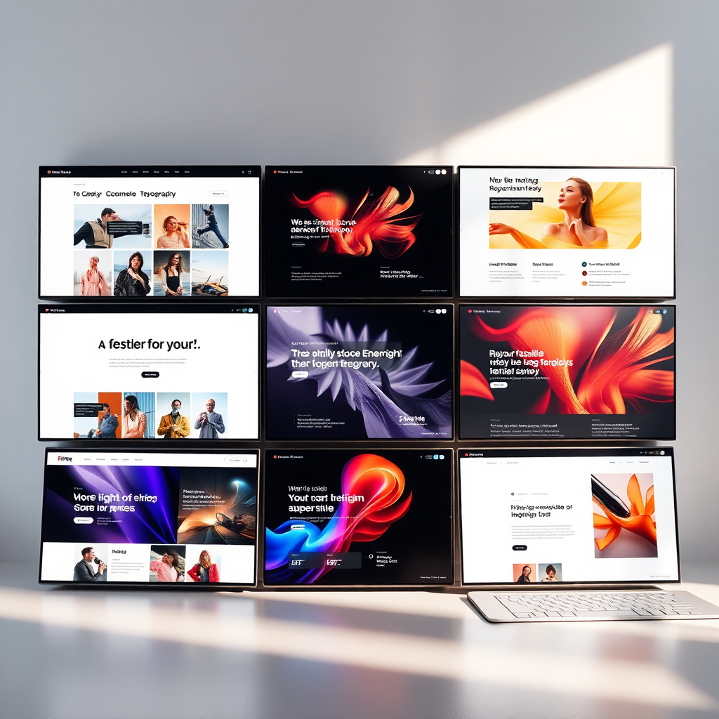 An artistic representation of modern web design trends, showcasing a variety of styles and user interfaces. The composition should feature split screens highlighting different design elements, like minimalism, typography, and vibrant imagery. The lighting is soft and inviting, drawing focus to the unique aspects of each design trend. This image should resonate with the impact of modern design on usability and engagement, designed in 4K resolution for clarity.