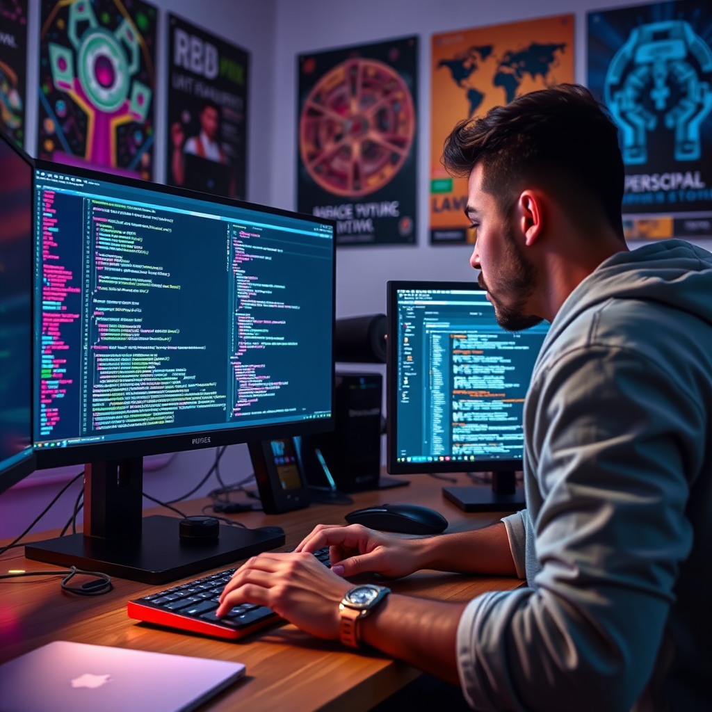 An engaging image of a developer coding an interactive web application. The scene includes multiple monitors with code on one screen and the interactive application on another. The environment is dynamic, with colorful lights and posters around depicting technology themes. The lighting is focused on the screens to illustrate the coding process. This visually striking image showcases the intricacies of web application development, crafted in dynamic detail.