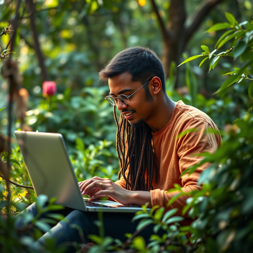 An inspirational image of a web designer surrounded by nature, working on a laptop. The environment is lush with greenery, suggesting that creativity can flourish anywhere. The composition features a soft focus on the designer, with the vibrant colors of nature in the background. The lighting is natural and warm, enhancing the mood of creativity and tranquility. This captivating concept is ideal for representing the interconnectedness of design and inspiration, specified in high quality, 4K resolution.