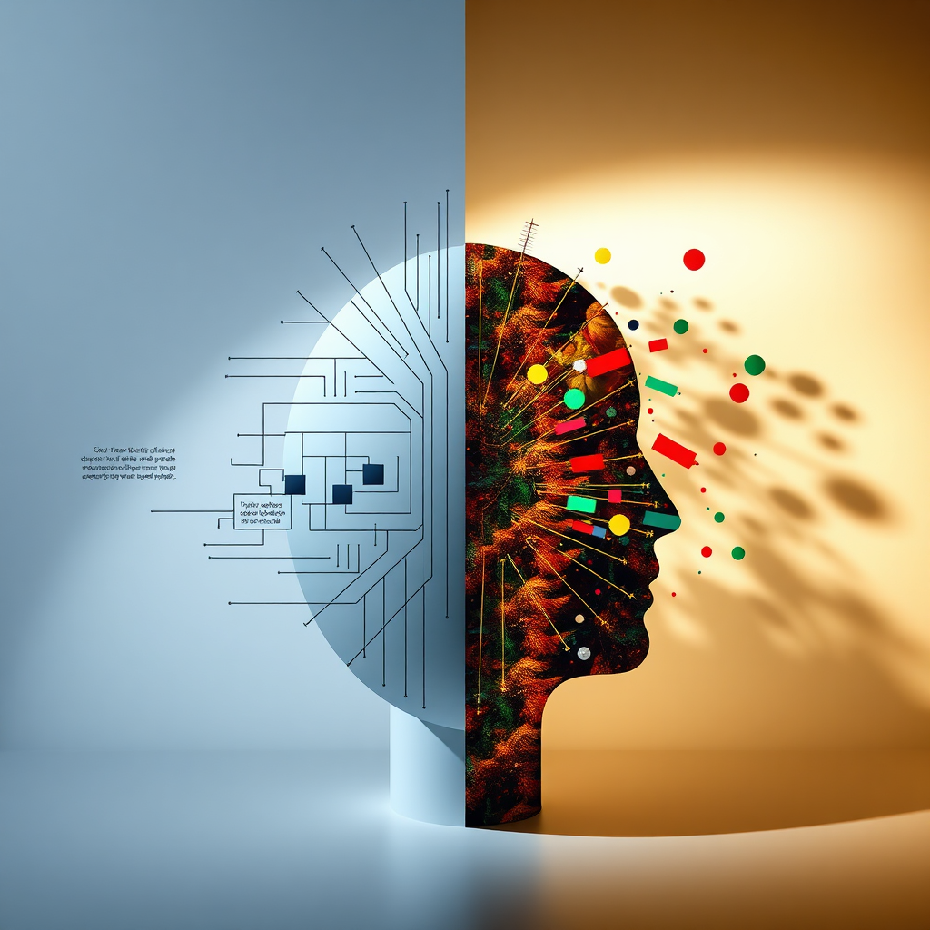 An intriguing image representing the philosophy behind effective design, showcasing a dual-sided artistic representation. On one side, functional aspects of web design are depicted through clean lines and structures, while the other side embraces aesthetic elements with colors and patterns. The lighting creates a sense of balance between the two sides, embodying the holistic approach to web design and enhancing the viewer's understanding. Presented in high quality to reflect the philosophy of design.