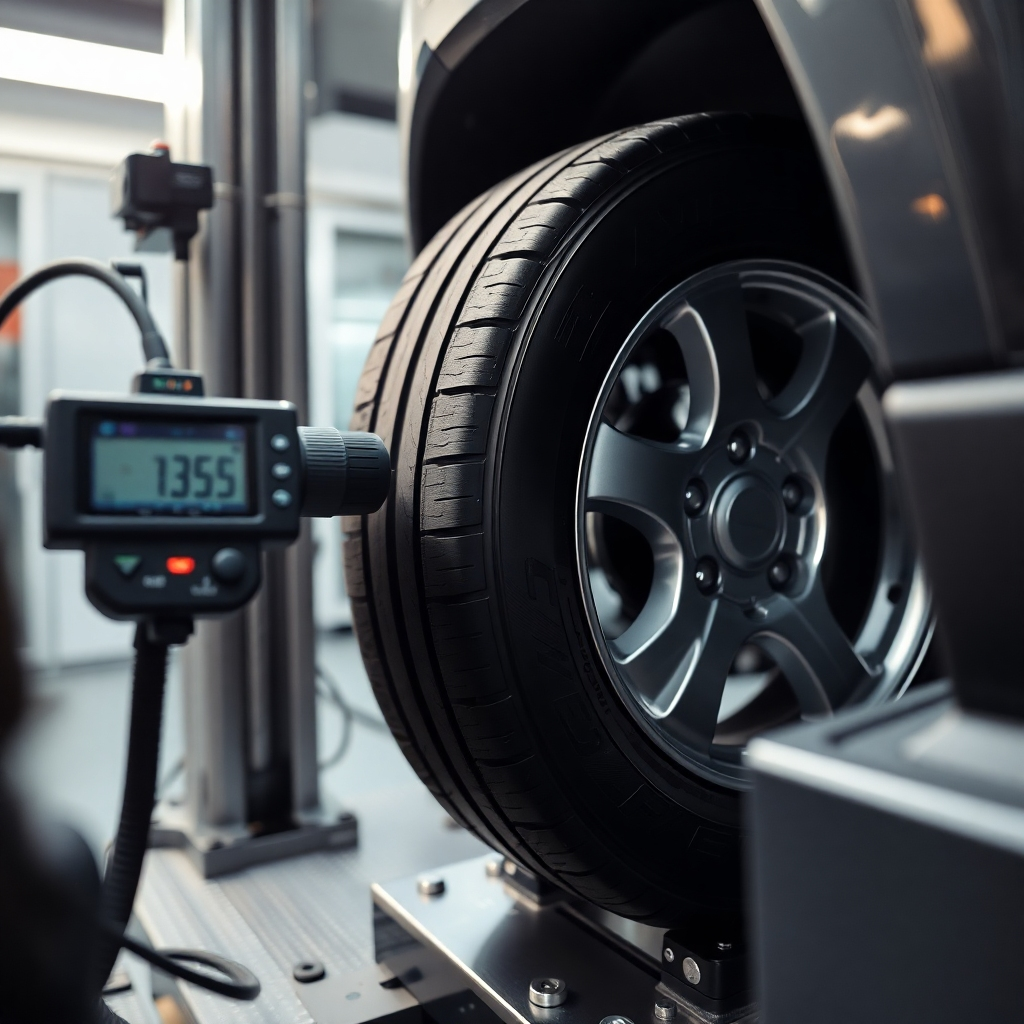 A close-up shot of a tire being rigorously tested in a laboratory setting. Focus on the tire undergoing stress tests, with measurement instruments visible. Use dramatic lighting to emphasize the intensity of the testing process.