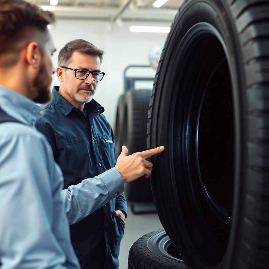 A close-up shot of a tire expert consulting with a customer, pointing to the tread pattern of a tire. The setting is a clean and modern tire shop. Focus on the interaction and the expert's gesture. Soft, natural lighting to create a welcoming atmosphere.