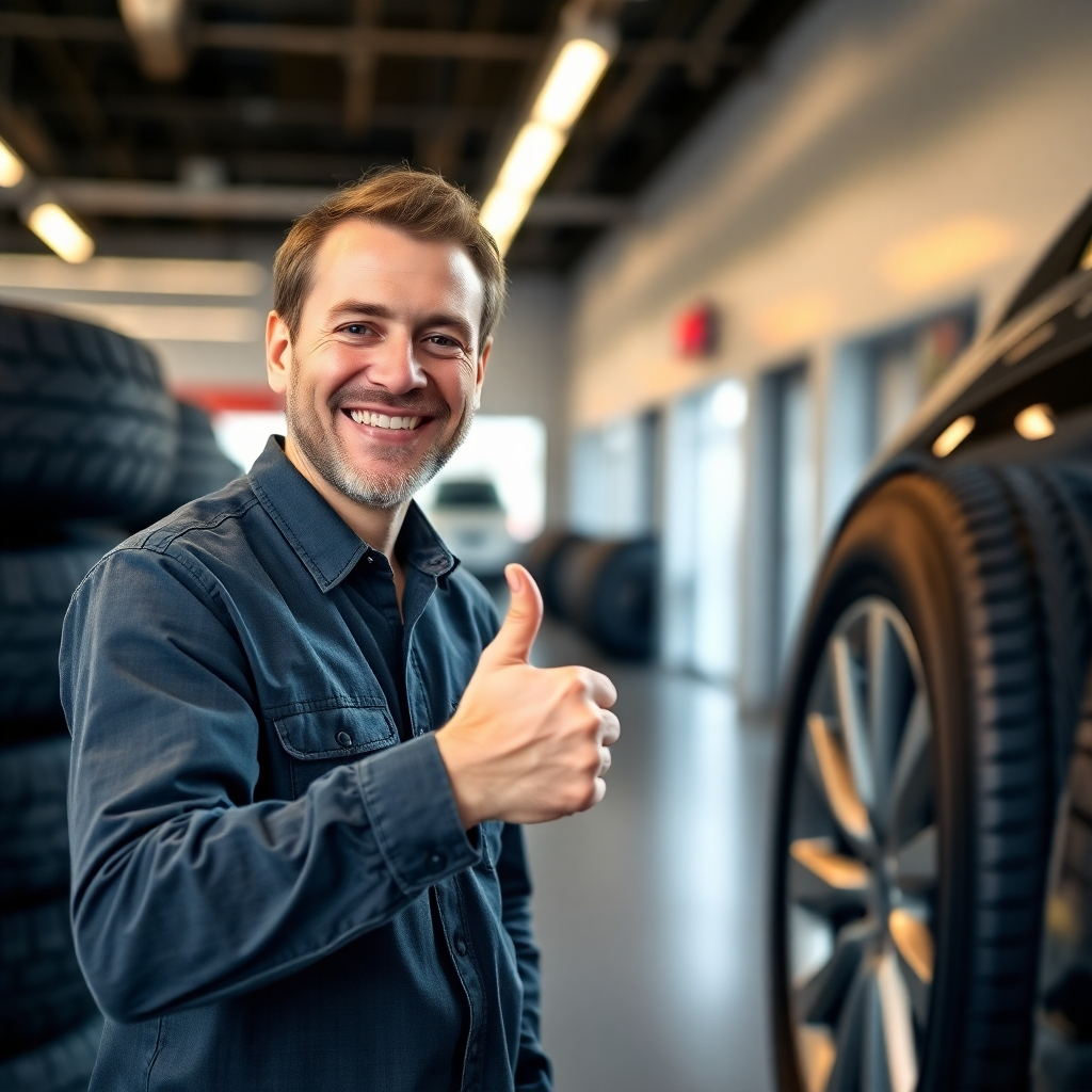 A customer smiling and giving a thumbs-up after having new tires installed. The scene is a clean and modern tire shop. Use warm, inviting lighting to create a positive and welcoming atmosphere.