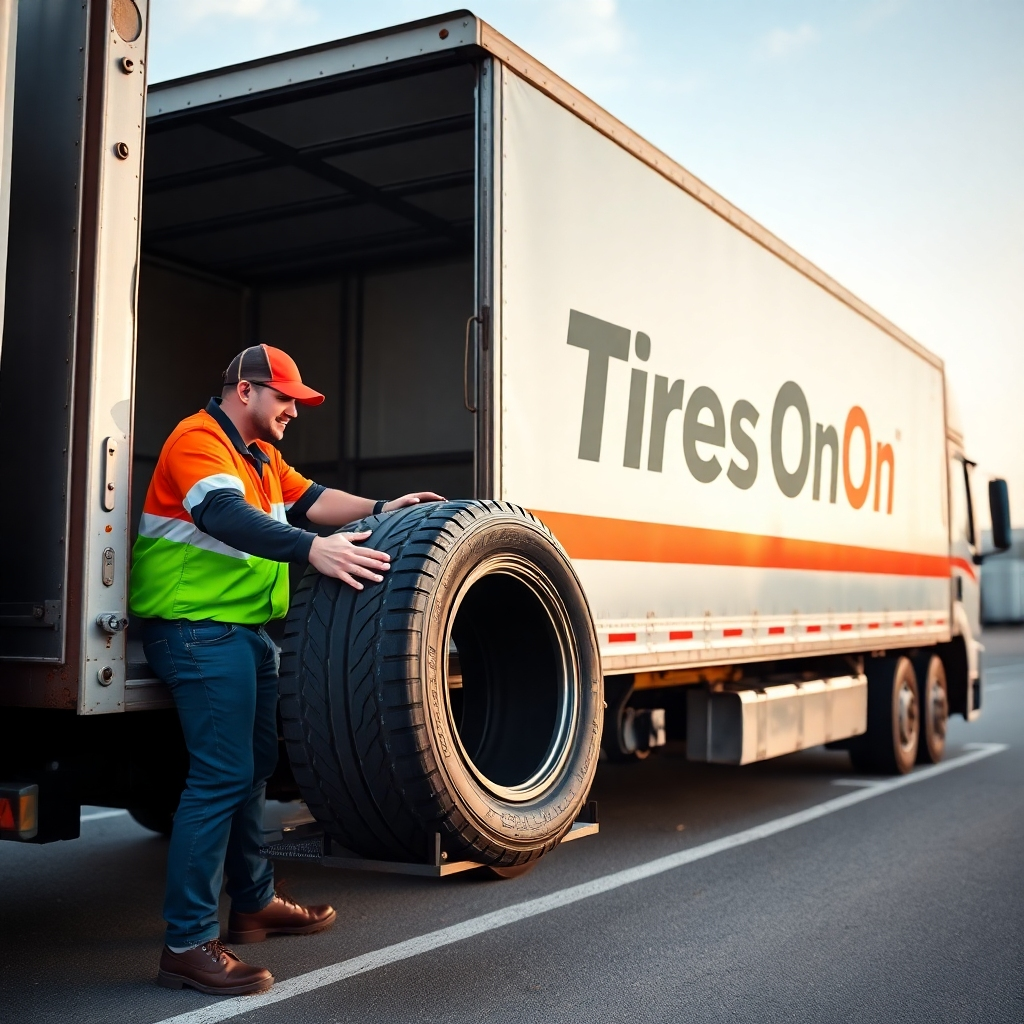 A delivery truck, with the logo 'Tires On', delivering tires. Show the delivery person handing off the tire in perfect condition. Focus on speed and professional service.