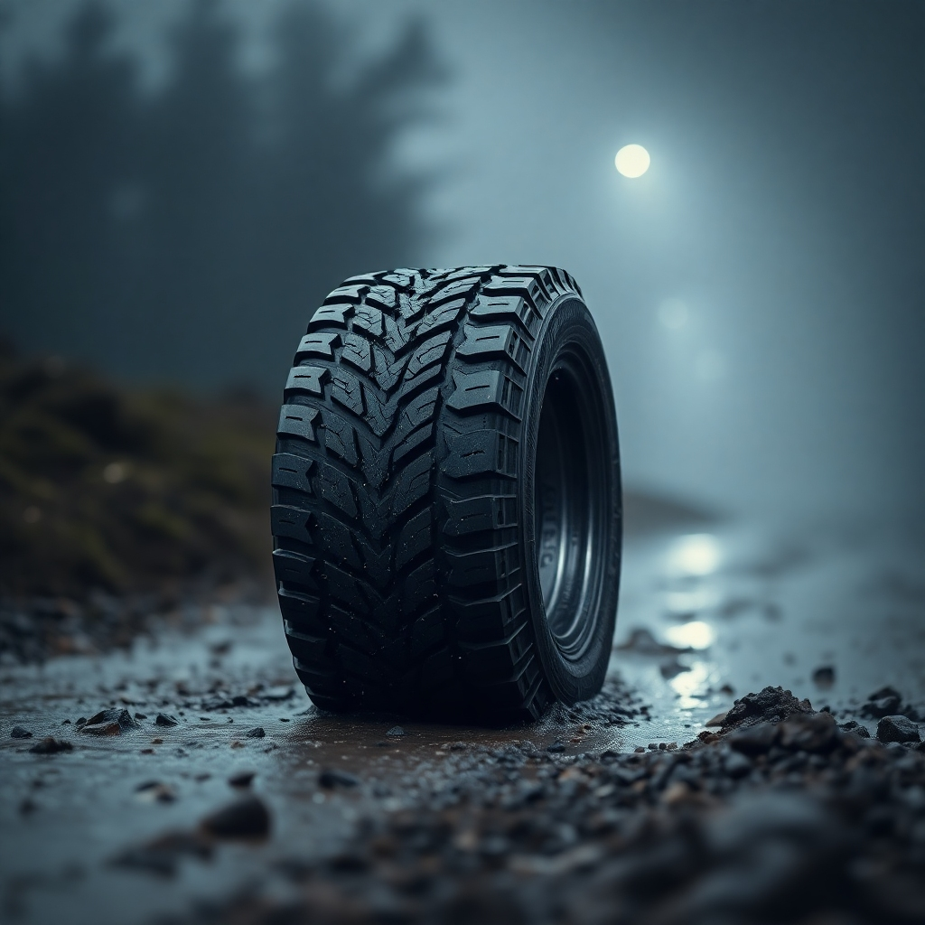 A long-lasting tire standing firm on wet terrain. Focus on durability and stability, highlighting the tire's resilience. Use moody lighting to portray the challenging conditions.
