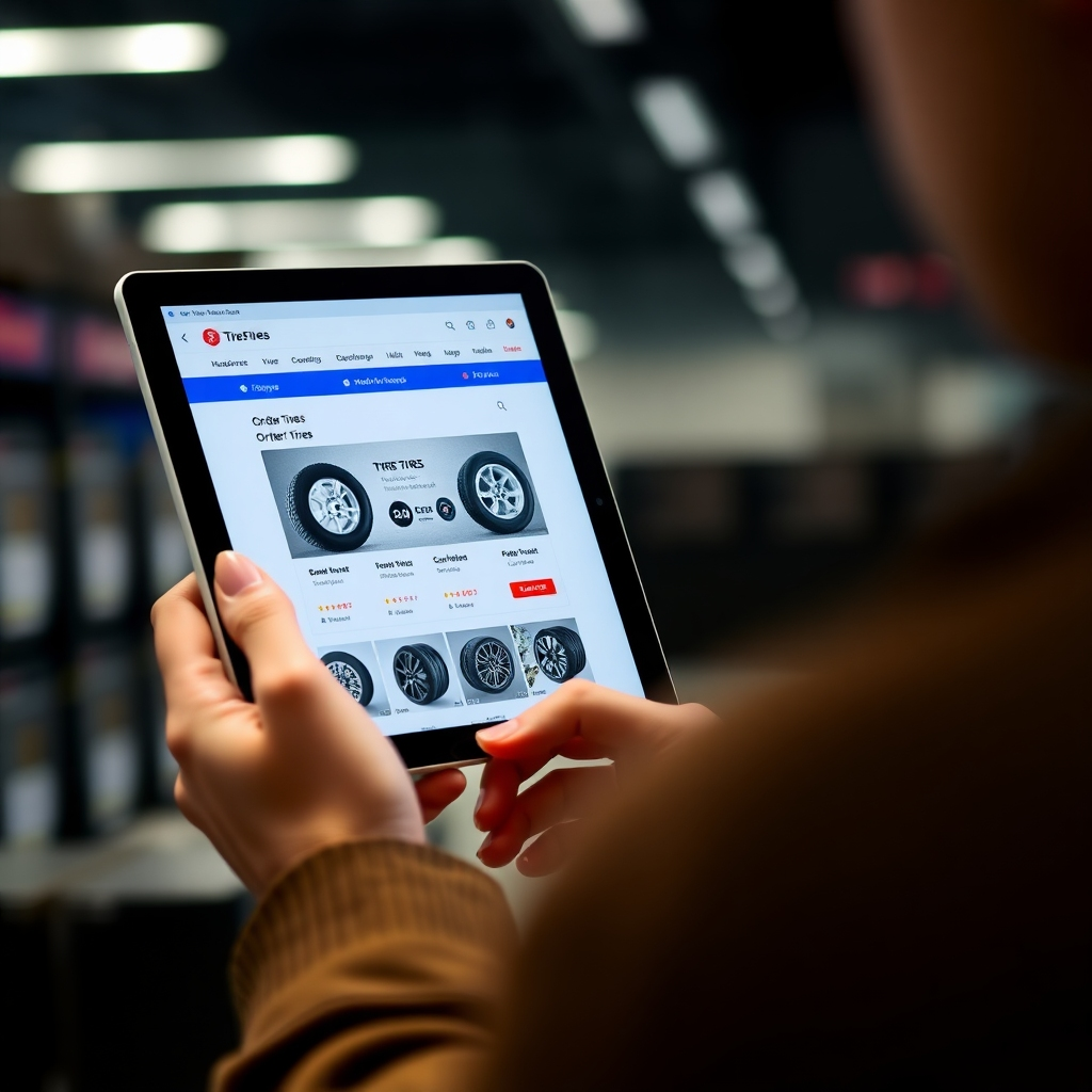 A person using a tablet to order tires online, with a clean and user-friendly website interface visible. Focus on the ease of use and convenience. Use bright, modern lighting.