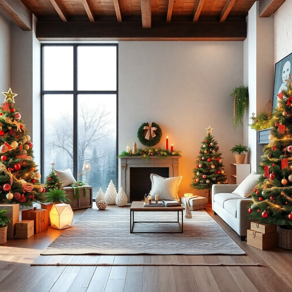 A photorealistic image (4K resolution) showing various Christmas decoration styles, ranging from rustic charm to modern minimalism, with a focus on the effect the different styles have on the overall ambience. The color palette should reflect each theme, and the lighting should accentuate the scene.