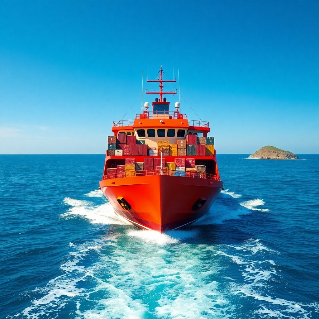 A photorealistic image of a cargo ship carrying packages and parcels between two islands in the Philippines. The background is a clear blue sky and ocean. The lighting is bright and sunny.