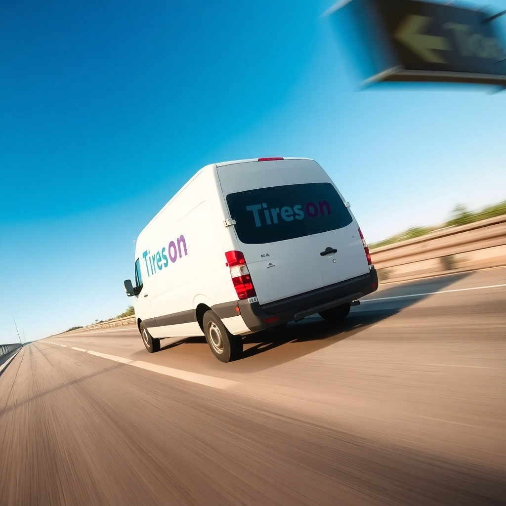 A photorealistic image of a delivery van speeding down a highway under a clear blue sky. The 'Tires On' logo is prominently displayed on the van. The scene conveys a sense of urgency and speed. The camera angle is slightly low, emphasizing the van's motion. Use long exposure to blur the background and enhance the feeling of speed.