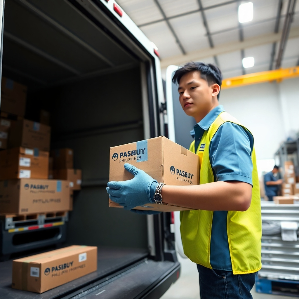 A photorealistic image of a PASABUY PHILIPPINES employee carefully loading balikbayan boxes onto a delivery vehicle at a sorting facility. The employee is wearing a uniform and gloves. The background shows other employees and sorting equipment. The lighting is bright and clean, emphasizing the professionalism of the operation. The camera angle is a medium shot, capturing the employee's actions.