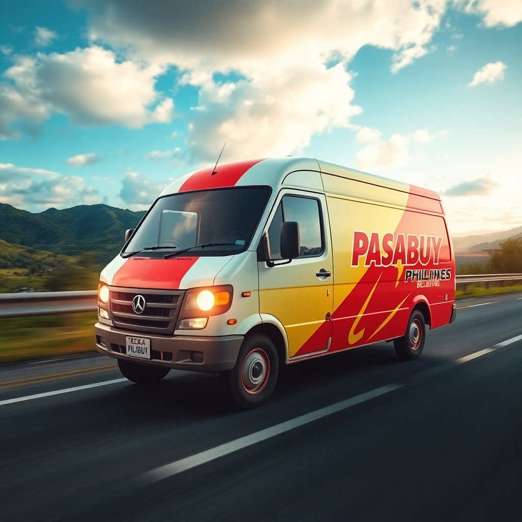 A photorealistic image of a PASABUY PHILIPPINES delivery van speeding down a highway in the Philippines. The background is a scenic landscape. The lighting is dynamic and energetic.