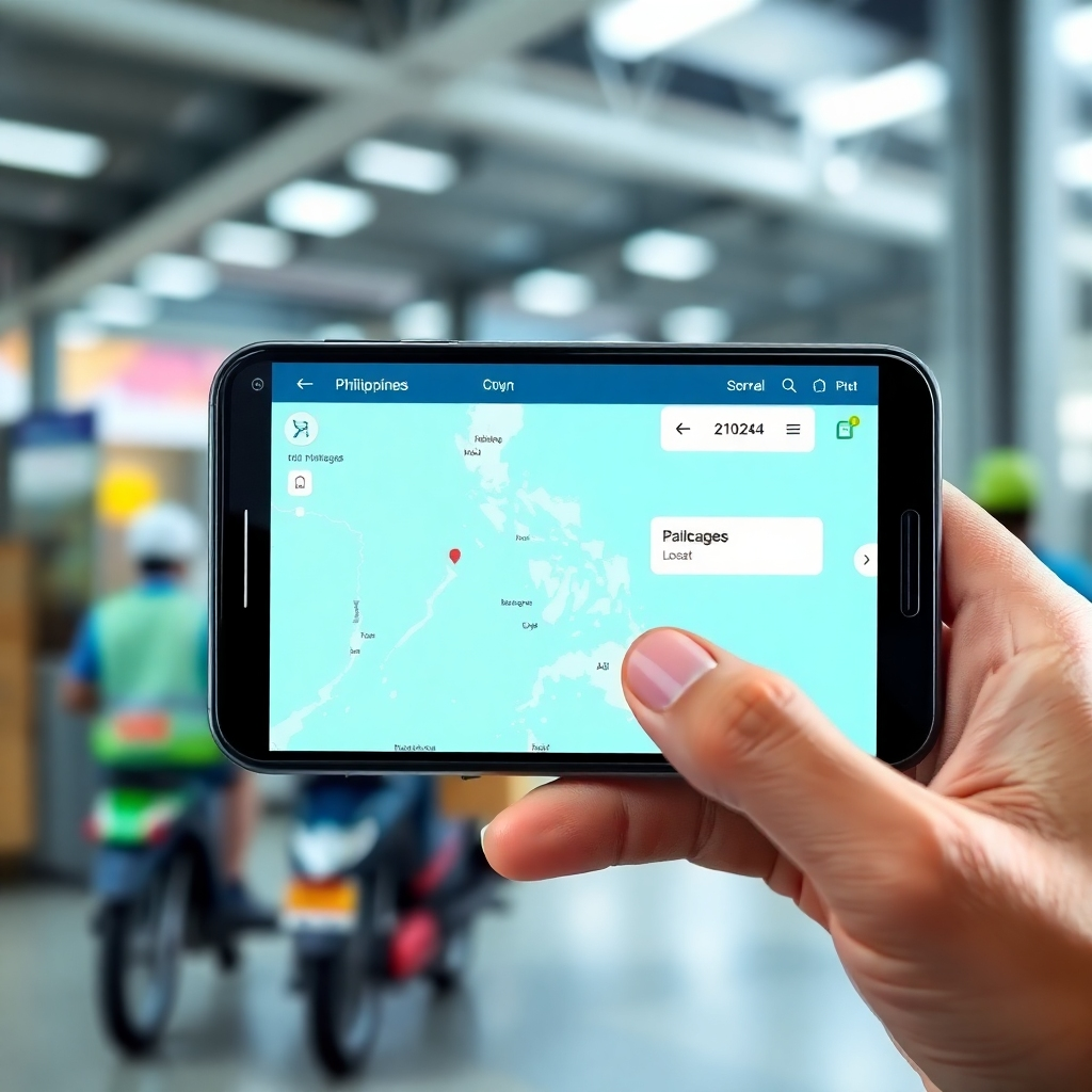 A photorealistic image showing a smartphone screen displaying a package tracking interface. The interface shows a map of the Philippines with the package's current location marked. The user's hand is holding the phone. The background is a blurred scene of a bustling delivery hub. The color palette is modern and tech-focused, using blues and greens. The style is clean and user-friendly, emphasizing ease of use.