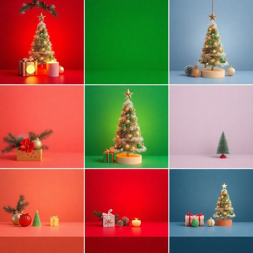 A series of images (4K resolution) demonstrating different color palettes in Christmas decorations.  Each image should show a unique Christmas theme and color scheme, and illustrate how to use color to create a unified look.  A strong focus on detail, composition and color harmony.