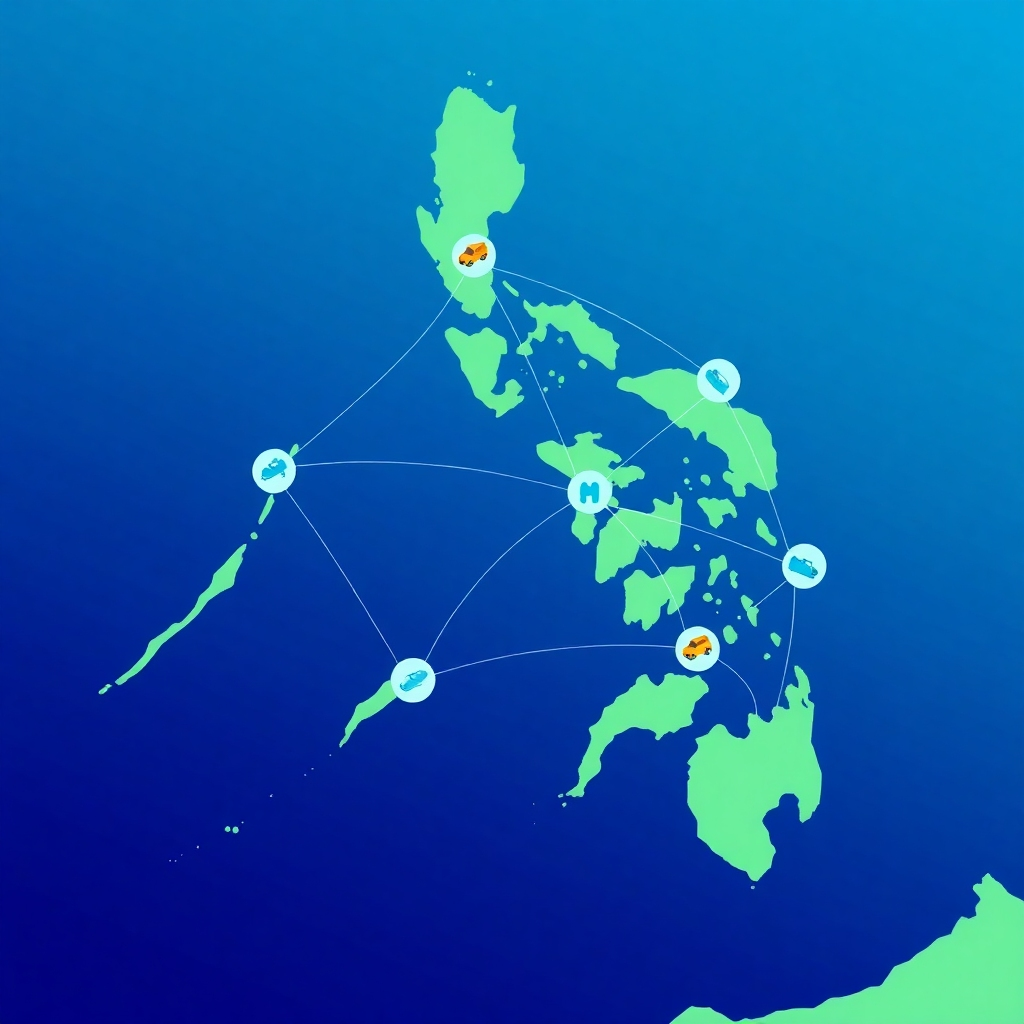 A stylized image illustrating a network of delivery routes across the Philippine archipelago. Lines connect various islands and regions, converging at central hubs. Small icons representing delivery vehicles (vans, boats) move along the routes. The color palette is modern and clean, using blues and greens to represent land and sea. The style is infographic-like, conveying efficiency and interconnectedness. Camera angle is an aerial view, showcasing the entire network.
