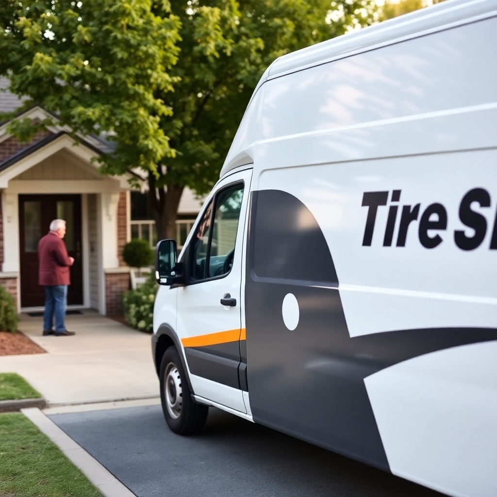 A 'Tires On' delivery van arriving at a customer's location at the scheduled time. The scene conveys reliability and punctuality. Use soft, natural lighting.