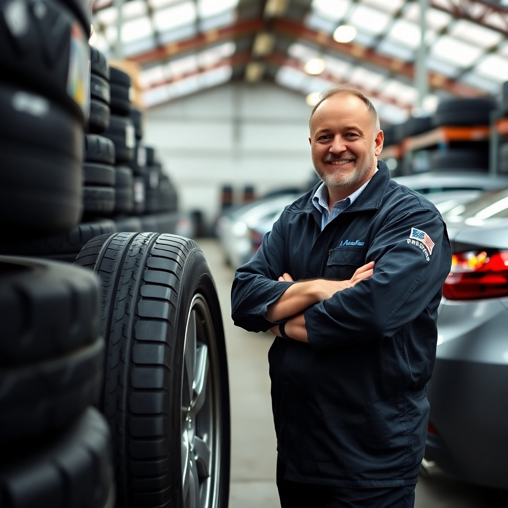 A tire specialist helping a customer to choose the right tires for their car. Focus on the interaction and guidance, demonstrating expertise.