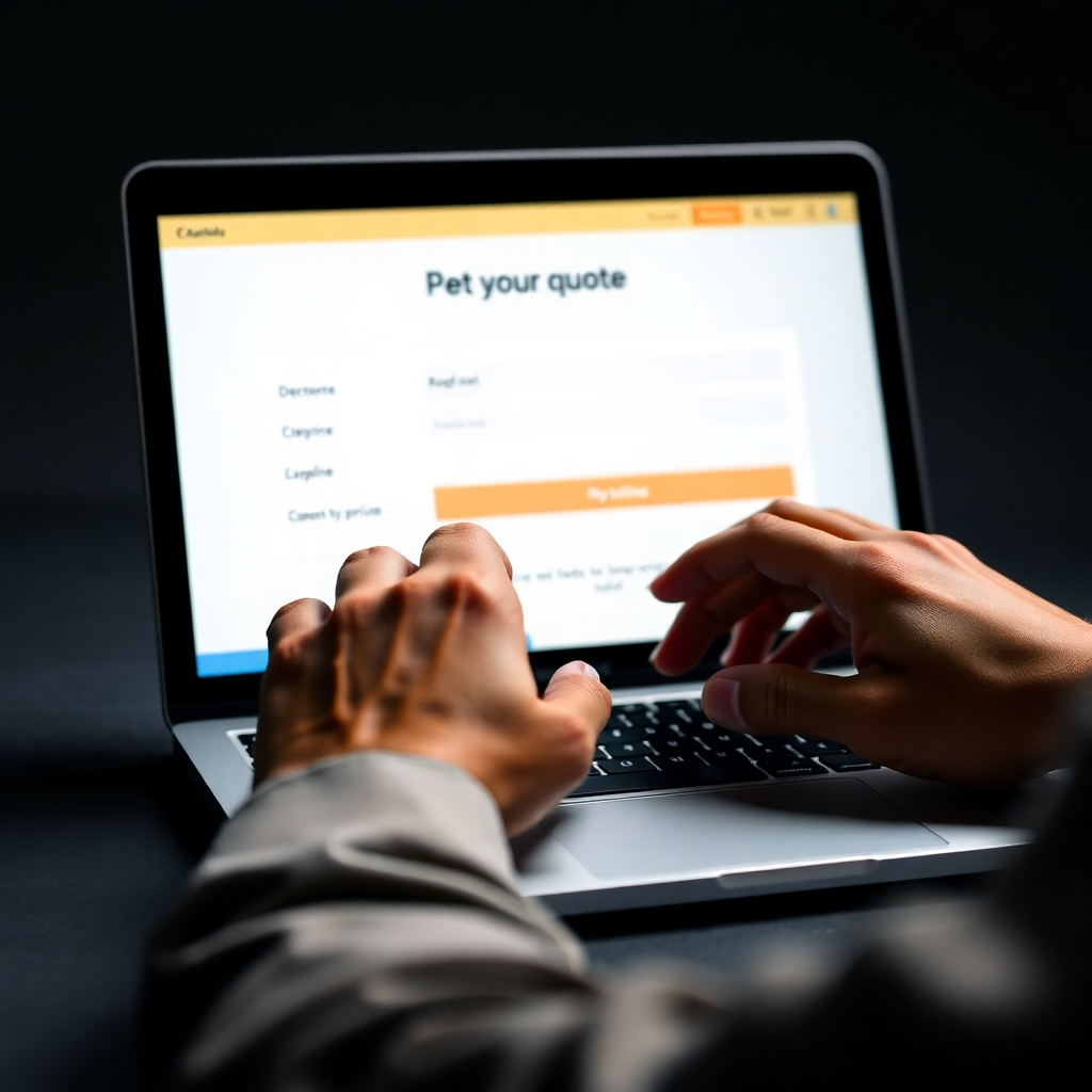 Hands typing on a laptop, focusing on the action of getting a quote. The interface should show clear pricing. Use studio lighting to focus on the laptop.